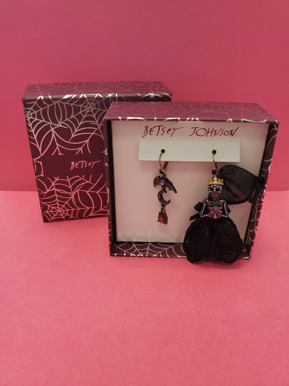 Betsey Johnson Black Doll & Purple Gemstone Mismatched Drop Earrings